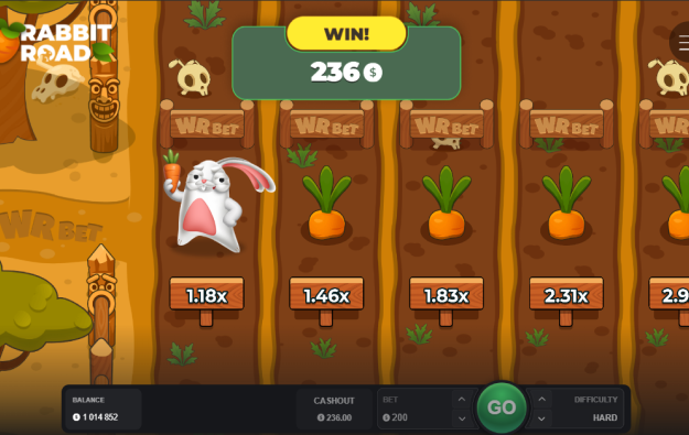 Interface de jeu Rabbit Road avec affichage des multiplicateurs