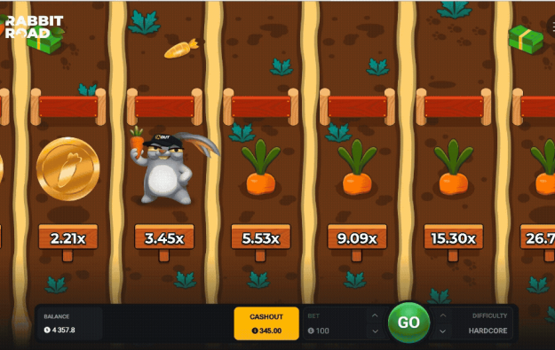 Écran de gain Rabbit Road avec célébration du jackpot